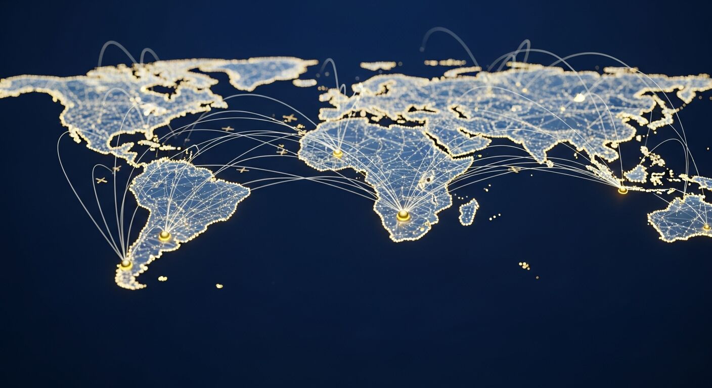 Global logistics network with flight paths across continents