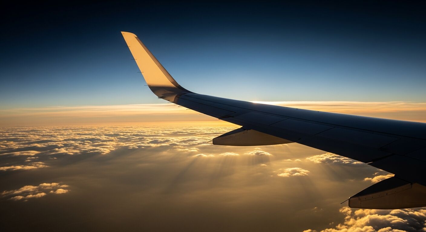 Commercial aircraft wing soaring above clouds